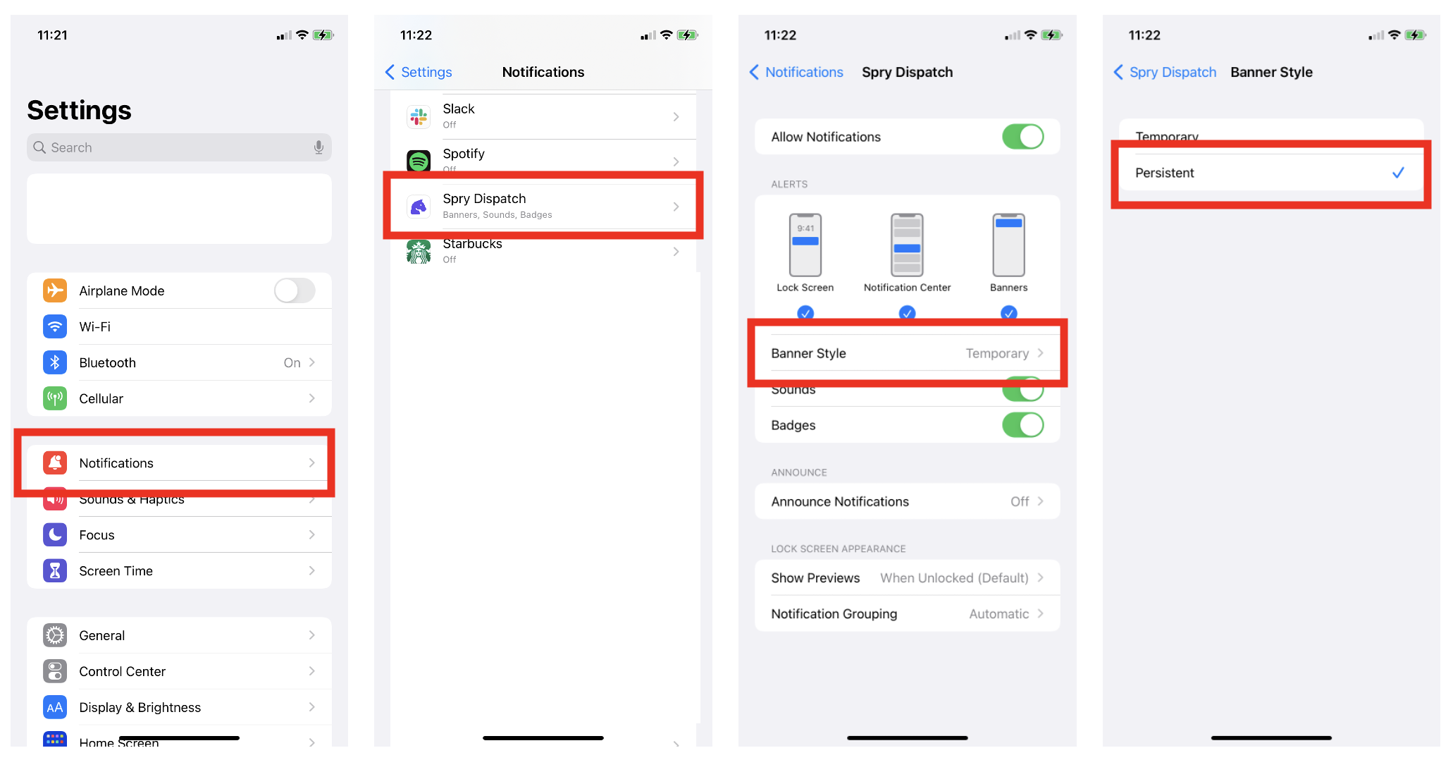 Screenshot of onboarding process on iOS device showing how to configure iOS Settings to receive Persistent Notifications