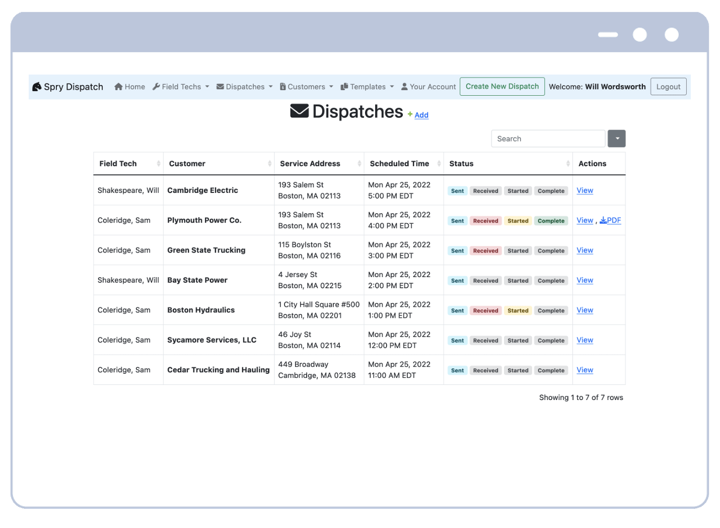 Spry Dispatch field service dispatch software web app interface showing the ability to create and view dispatches