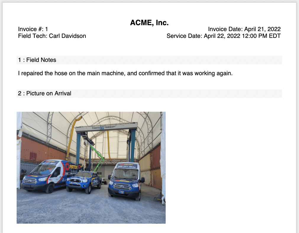 Spry Dispatch PDF field report showing the completed document