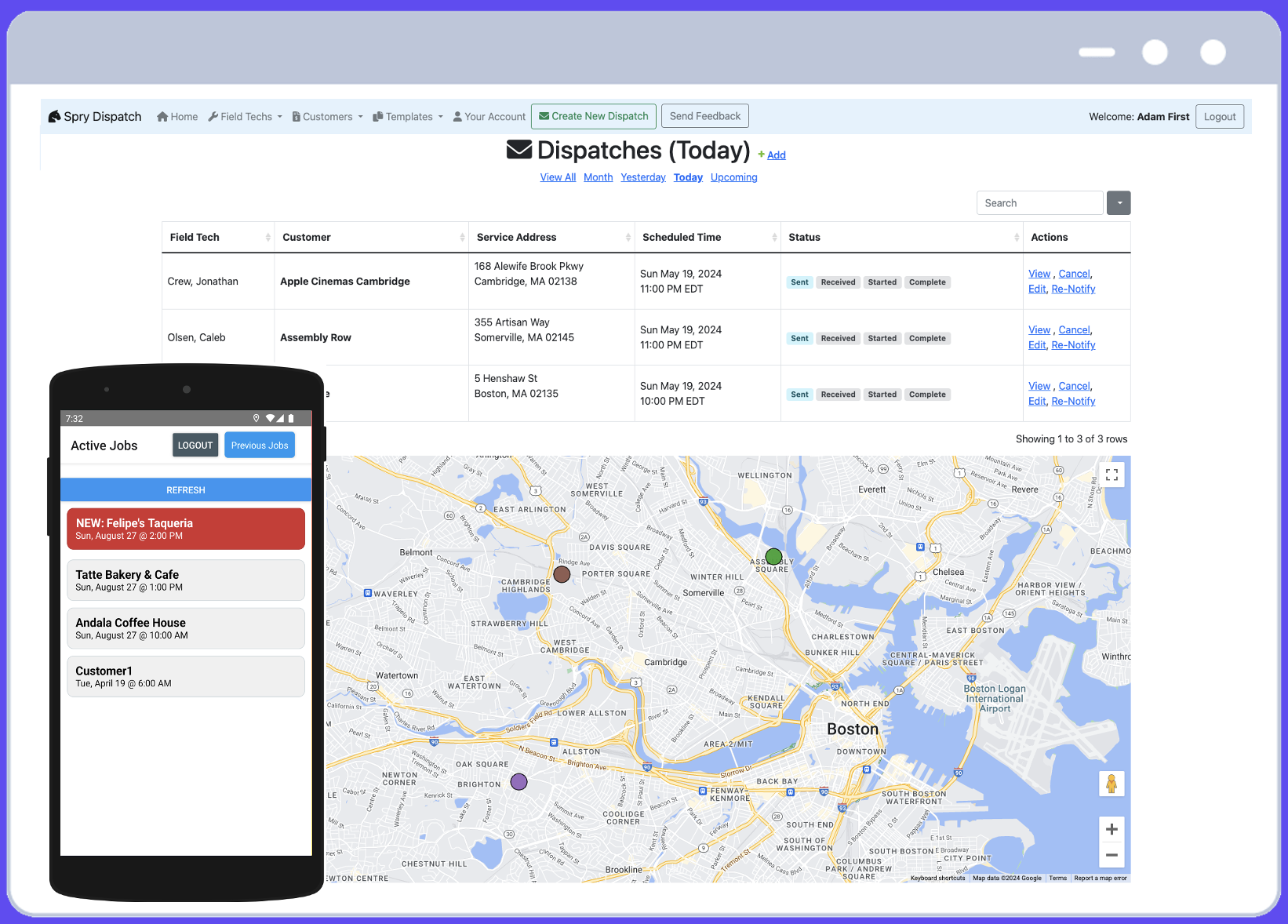 Spry Dispatch dashboard screenshot showing field service management tools.